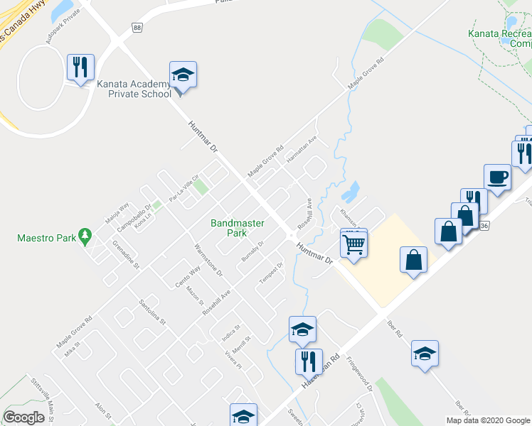 map of restaurants, bars, coffee shops, grocery stores, and more near 100 Sonesta Circle in Ottawa