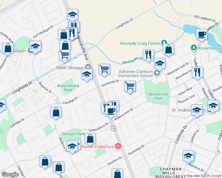 map of restaurants, bars, coffee shops, grocery stores, and more near 2 Wittingham Drive in Ottawa