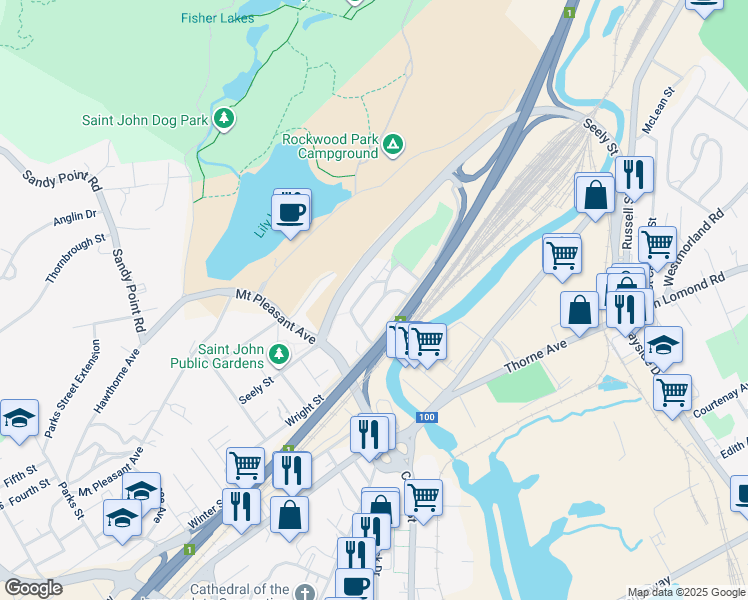 map of restaurants, bars, coffee shops, grocery stores, and more near 17 Boyd Street in Saint John