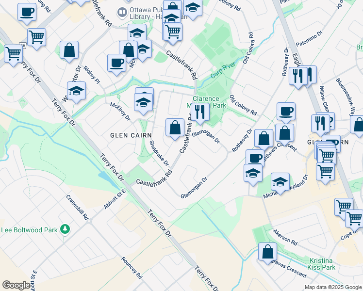 map of restaurants, bars, coffee shops, grocery stores, and more near 207 Castlefrank Road in Ottawa