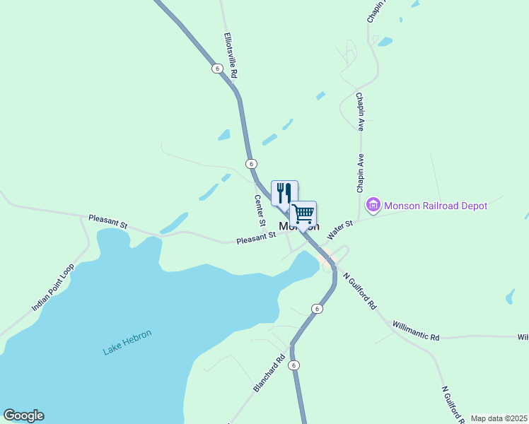map of restaurants, bars, coffee shops, grocery stores, and more near 15 Center Street in Monson