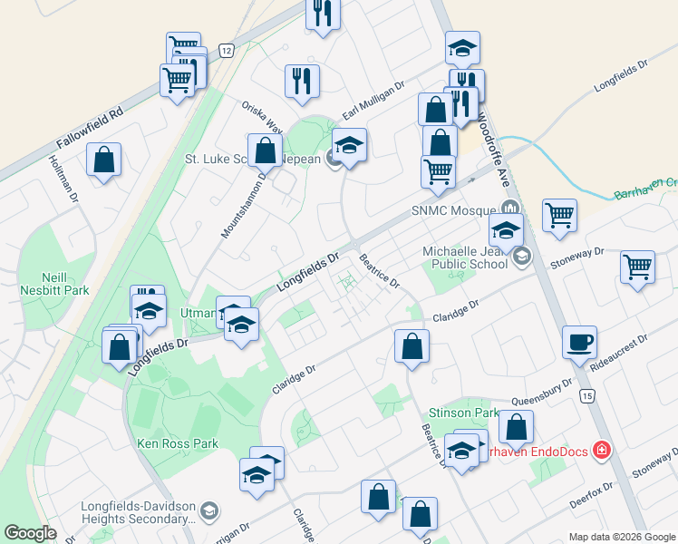 map of restaurants, bars, coffee shops, grocery stores, and more near Madden Court in Ottawa