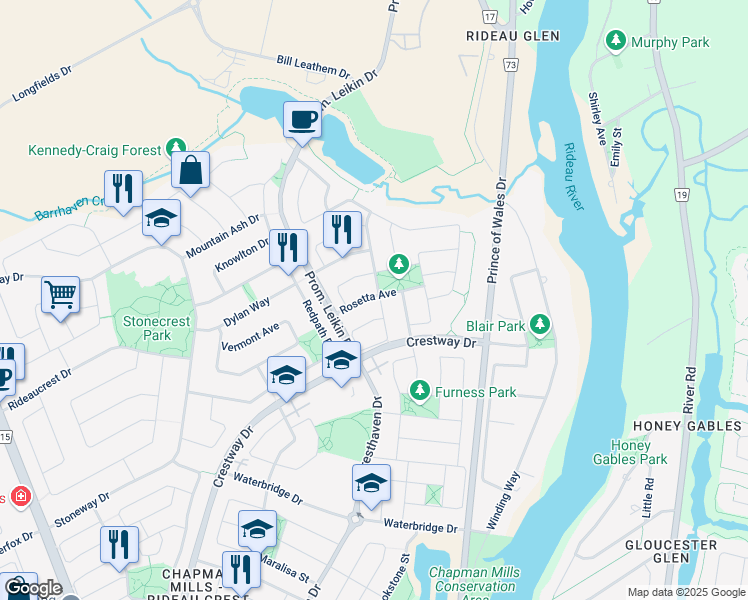map of restaurants, bars, coffee shops, grocery stores, and more near 18 Rosetta Avenue in Ottawa