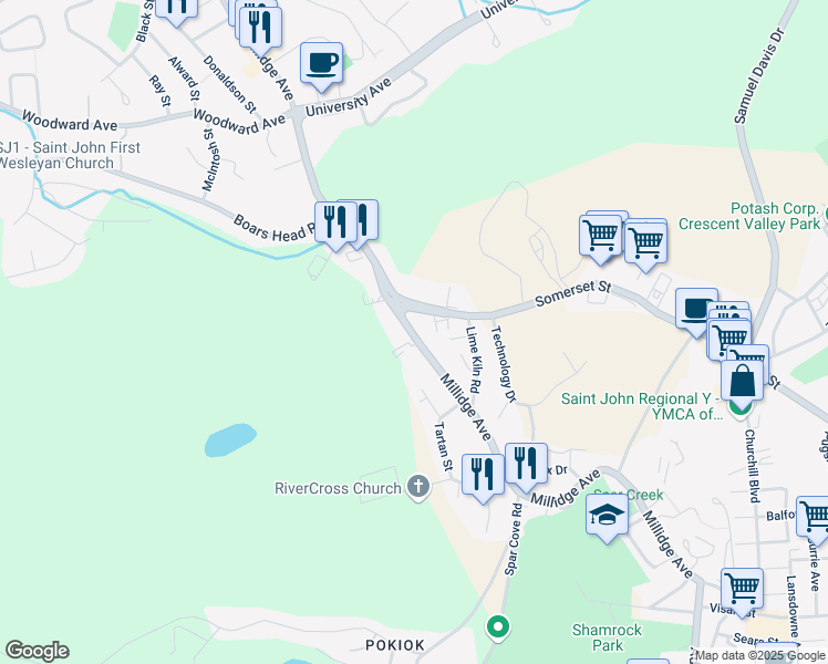 map of restaurants, bars, coffee shops, grocery stores, and more near 384 Millidge Avenue in Saint John