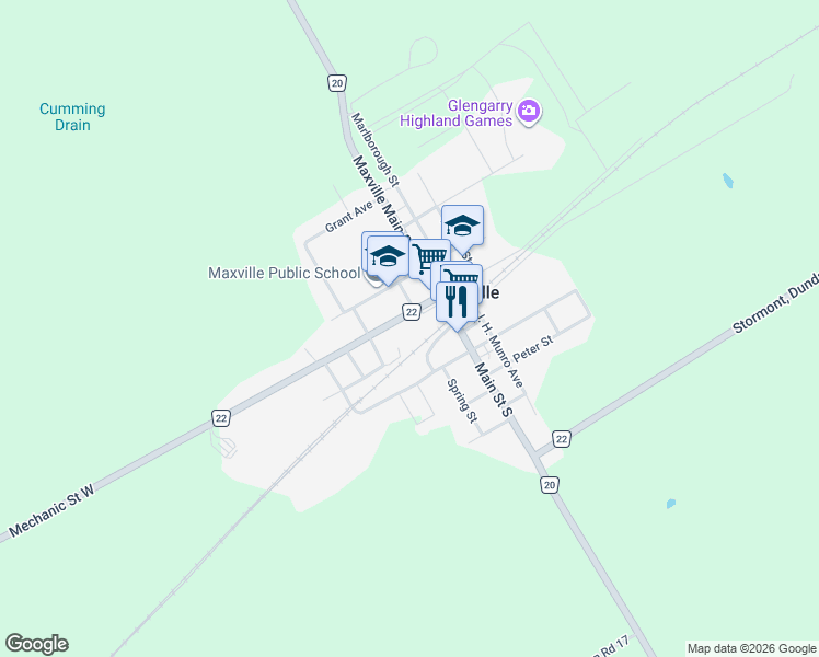 map of restaurants, bars, coffee shops, grocery stores, and more near 19 County Road 22 in Maxville