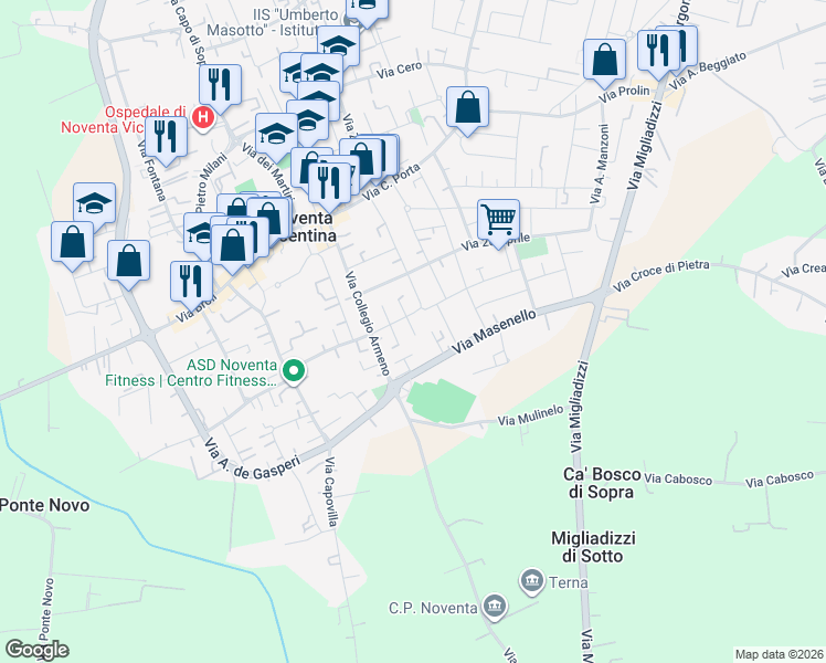 map of restaurants, bars, coffee shops, grocery stores, and more near 85 Viale Ungheria in Noventa Vicentina
