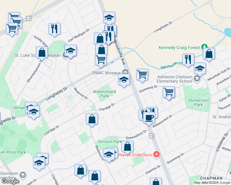 map of restaurants, bars, coffee shops, grocery stores, and more near 116 Watershield Ridge in Ottawa