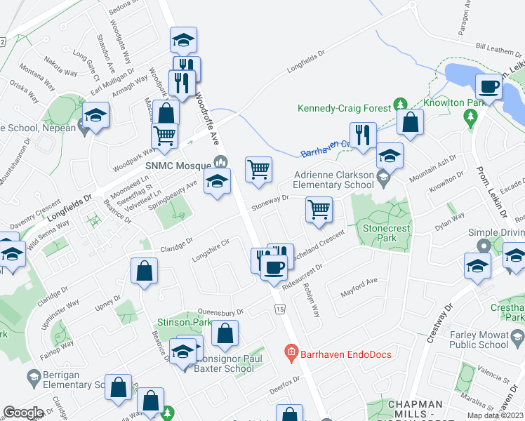 map of restaurants, bars, coffee shops, grocery stores, and more near 15 Locheland Crescent in Ottawa