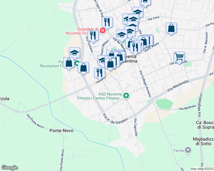 map of restaurants, bars, coffee shops, grocery stores, and more near 2 Via Roma in Noventa Vicentina