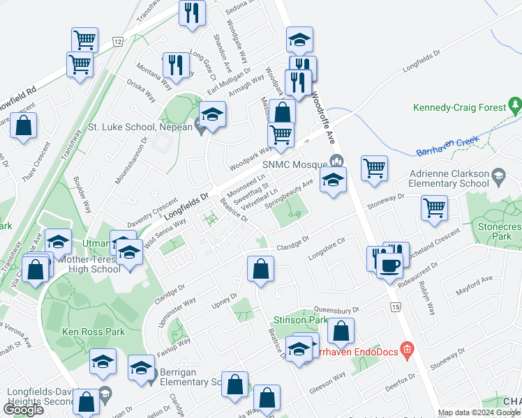 map of restaurants, bars, coffee shops, grocery stores, and more near 124 Springbeauty Avenue in Ottawa