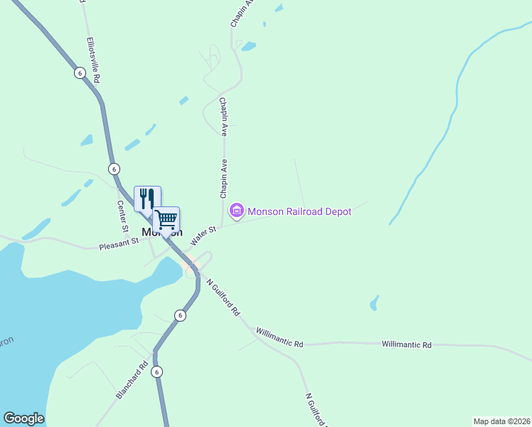 map of restaurants, bars, coffee shops, grocery stores, and more near 60 Water Street in Monson