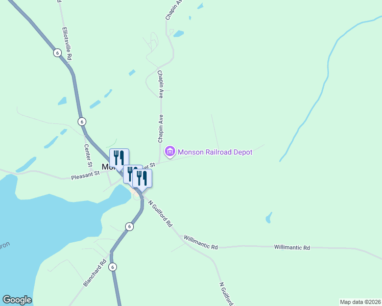map of restaurants, bars, coffee shops, grocery stores, and more near 60 Water Street in Monson