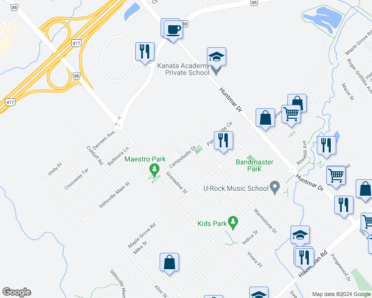 map of restaurants, bars, coffee shops, grocery stores, and more near 705 Maloja Way in Ottawa