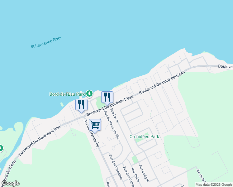 map of restaurants, bars, coffee shops, grocery stores, and more near 490 Terrasse Hogue in Salaberry-de-Valleyfield