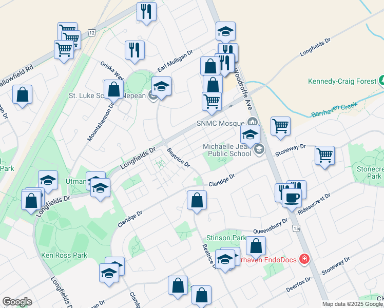 map of restaurants, bars, coffee shops, grocery stores, and more near 121 Velvetleaf Lane in Ottawa