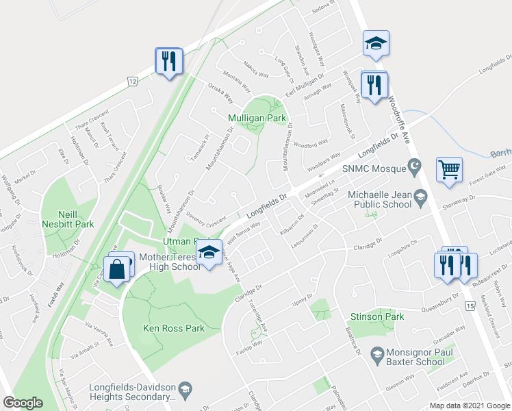 map of restaurants, bars, coffee shops, grocery stores, and more near 126 Daventry Crescent in Ottawa