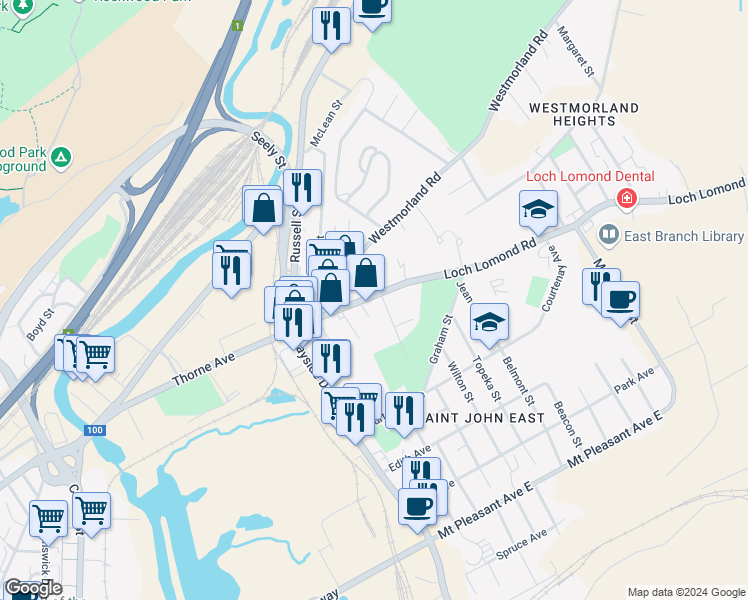 map of restaurants, bars, coffee shops, grocery stores, and more near 82 Loch Lomond Road in Saint John