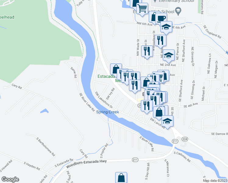 map of restaurants, bars, coffee shops, grocery stores, and more near 410 Southwest Ivy Road in Estacada