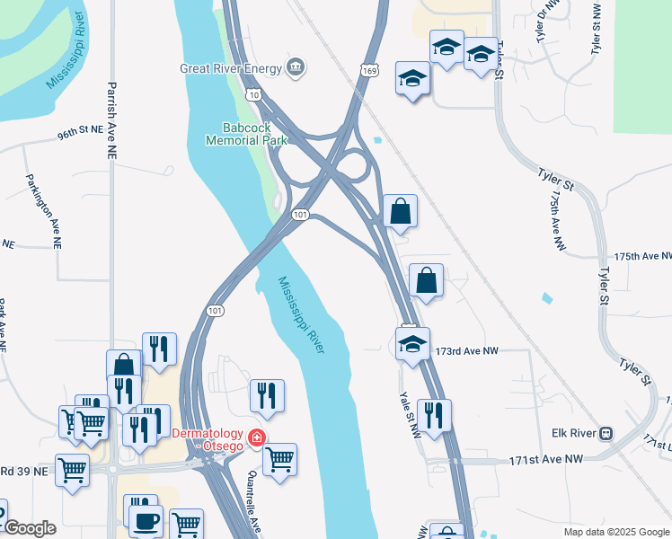 map of restaurants, bars, coffee shops, grocery stores, and more near 10225 180th Ct NW in Elk River