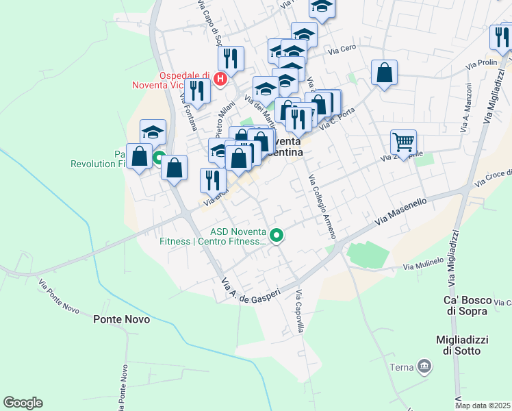 map of restaurants, bars, coffee shops, grocery stores, and more near 54/3 Via Roma in Noventa Vicentina