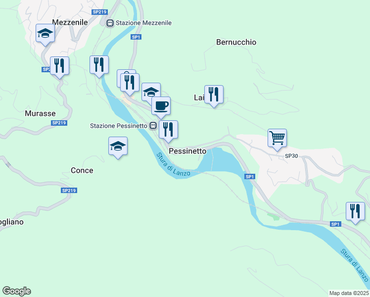 map of restaurants, bars, coffee shops, grocery stores, and more near 10 SP30 in Pessinetto