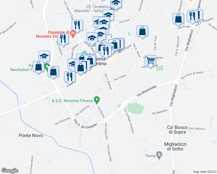 map of restaurants, bars, coffee shops, grocery stores, and more near 34 Via C. Battisti in Noventa Vicentina