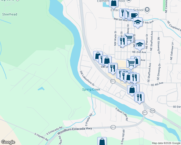 map of restaurants, bars, coffee shops, grocery stores, and more near 434 Southwest Juniper Road in Estacada