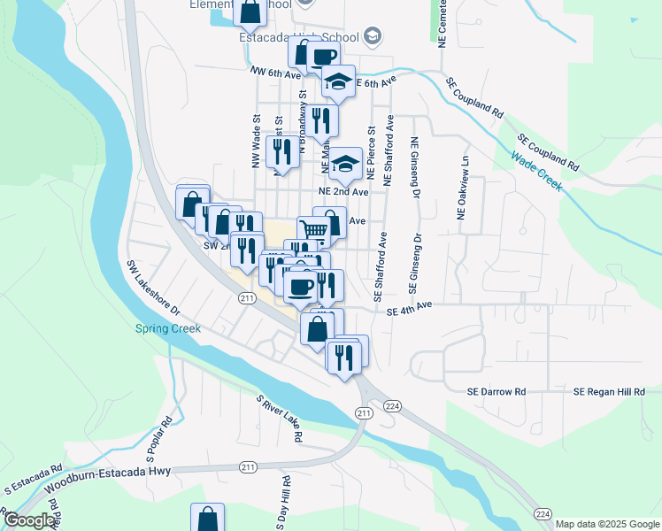 map of restaurants, bars, coffee shops, grocery stores, and more near 280 North Broadway Street in Estacada