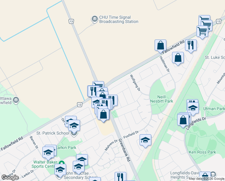 map of restaurants, bars, coffee shops, grocery stores, and more near 61 Fieldgate Drive in Ottawa