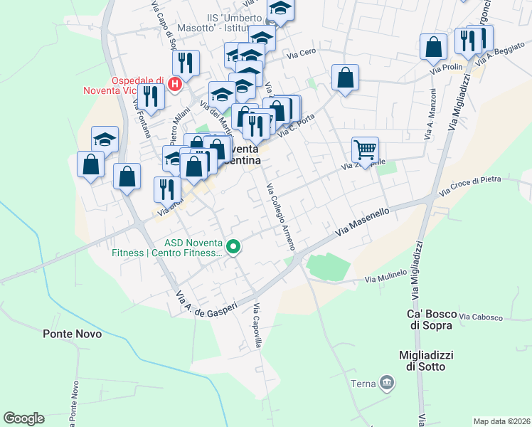 map of restaurants, bars, coffee shops, grocery stores, and more near 34 Via Battisti in Noventa Vicentina