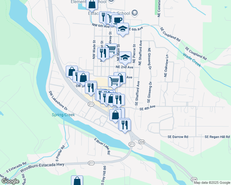 map of restaurants, bars, coffee shops, grocery stores, and more near 280 North Broadway Street in Estacada