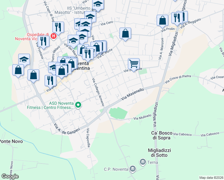 map of restaurants, bars, coffee shops, grocery stores, and more near 85 Viale Ungheria in Noventa Vicentina