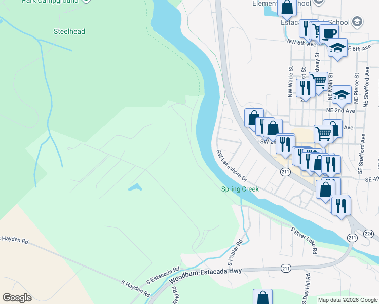 map of restaurants, bars, coffee shops, grocery stores, and more near 21970 South River Lake Road in Estacada