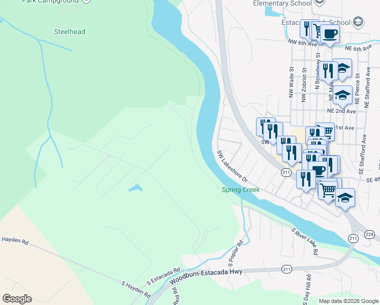 map of restaurants, bars, coffee shops, grocery stores, and more near 21970 South River Lake Road in Estacada