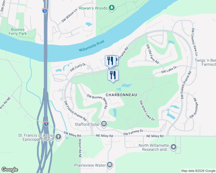 map of restaurants, bars, coffee shops, grocery stores, and more near 32078 Southwest Charbonneau Drive in Wilsonville