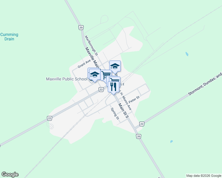 map of restaurants, bars, coffee shops, grocery stores, and more near 83 Main Street North in North Glengarry