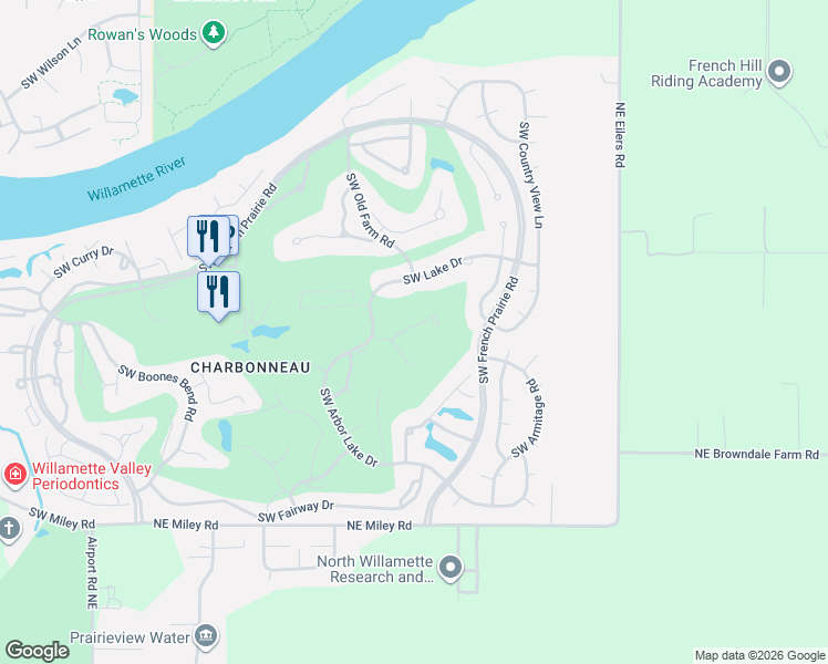 map of restaurants, bars, coffee shops, grocery stores, and more near 7380 Southwest East Lake Court in Wilsonville