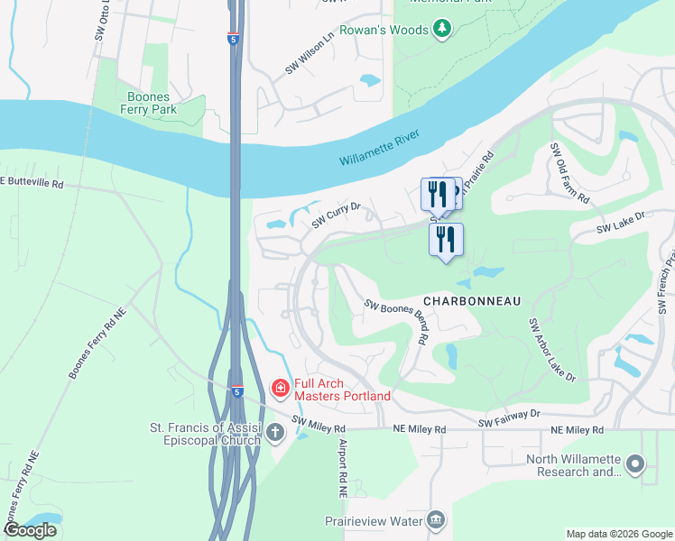 map of restaurants, bars, coffee shops, grocery stores, and more near 32035 Southwest Boones Bend Road in Wilsonville