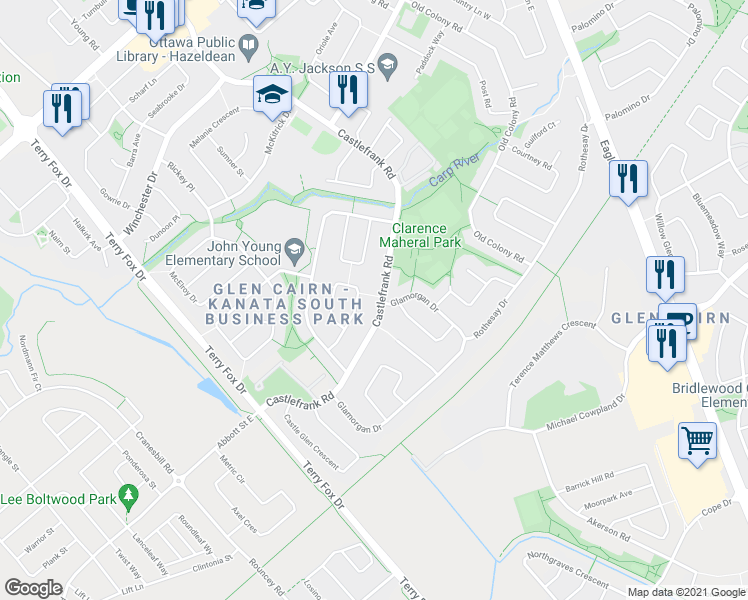 map of restaurants, bars, coffee shops, grocery stores, and more near 191 Castlefrank Road in Ottawa