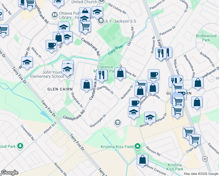map of restaurants, bars, coffee shops, grocery stores, and more near 28 Glamorgan Drive in Ottawa