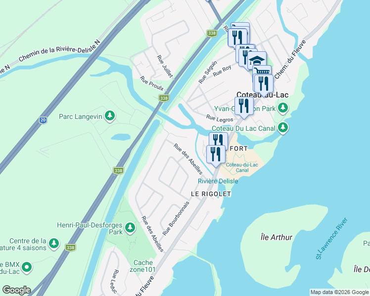 map of restaurants, bars, coffee shops, grocery stores, and more near 40 Rue des Abeilles in Coteau-du-Lac