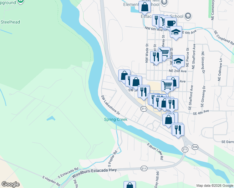 map of restaurants, bars, coffee shops, grocery stores, and more near 434 Southwest Juniper Road in Estacada