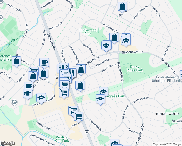 map of restaurants, bars, coffee shops, grocery stores, and more near 216 Equestrian Drive in Ottawa