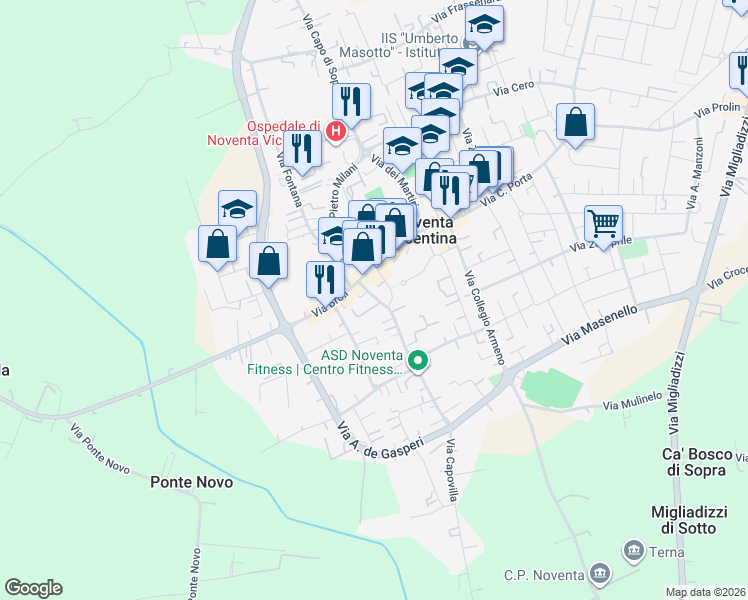 map of restaurants, bars, coffee shops, grocery stores, and more near 54/3 Via Roma in Noventa Vicentina