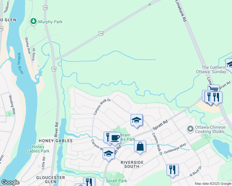 map of restaurants, bars, coffee shops, grocery stores, and more near 742 Mud Creek Crescent in Ottawa