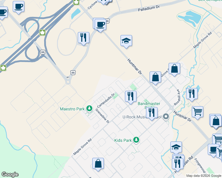 map of restaurants, bars, coffee shops, grocery stores, and more near 920 Messor Crescent in Ottawa