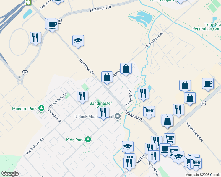 map of restaurants, bars, coffee shops, grocery stores, and more near 104 Harmattan Avenue in Ottawa
