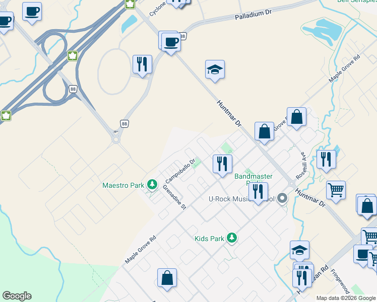 map of restaurants, bars, coffee shops, grocery stores, and more near 920 Messor Crescent in Ottawa
