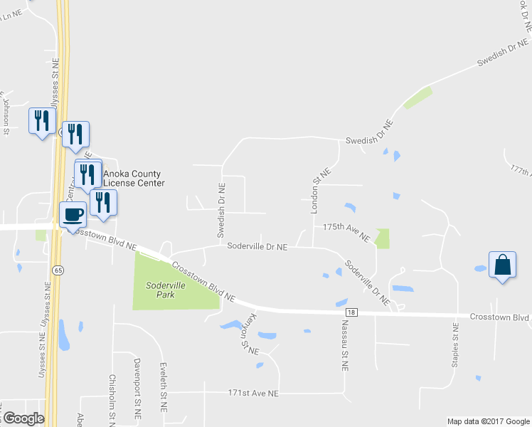 map of restaurants, bars, coffee shops, grocery stores, and more near 2349 175th Lane Northeast in Ham Lake