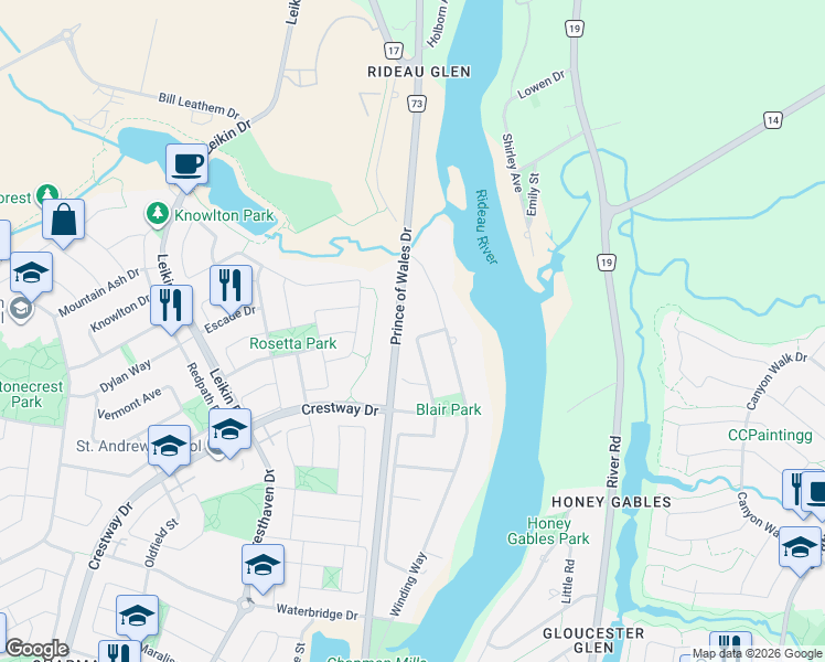 map of restaurants, bars, coffee shops, grocery stores, and more near 7 Tradewinds Drive in Ottawa